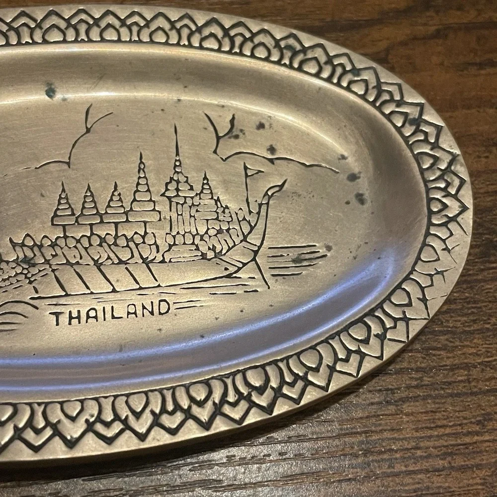 ✅Vintage Thailand Souvenir Small Brass Oval Platter 5